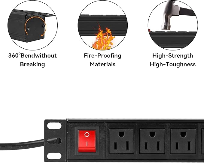 BTU Power Surge Protector Rack-Mount PDU, 12 Outlet Power Strip with Switch, Metal Mountable Heavy Duty for Server Racks, Garage Shop, Industrial Commercial (Black 10FT)