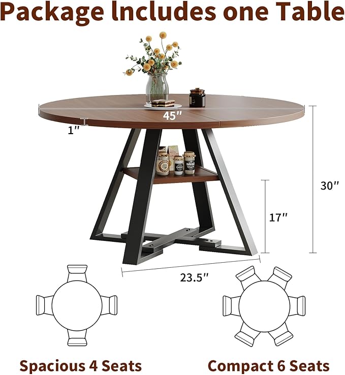 45.3" Walnut Round Dining Table Set with 2 Chairs – Mid-Century Modern Small-Space Kitchen & Dining Room Furniture for Apartment or Breakfast Nook (Boxwood – Storage Table + 2 Brown Chairs)