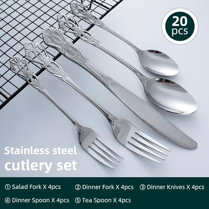 20-Piece Stainless Steel Flatware Set, Silver Silverware Set Service for 4, Cutlery Utensils Set, Include Fork Knife Spoon Set, Dishwasher Safe