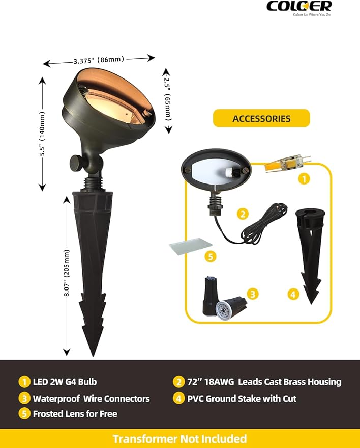 COLOER Die-cast Brass LED Landscape Flood Lights Outdoor 10-Pack with Bulb, 2W 9-17 Volt Low Voltage Wall Wash Lighting, Outdoor Floodlight for Illuminating Signs, Walls and Plant Material(501B)