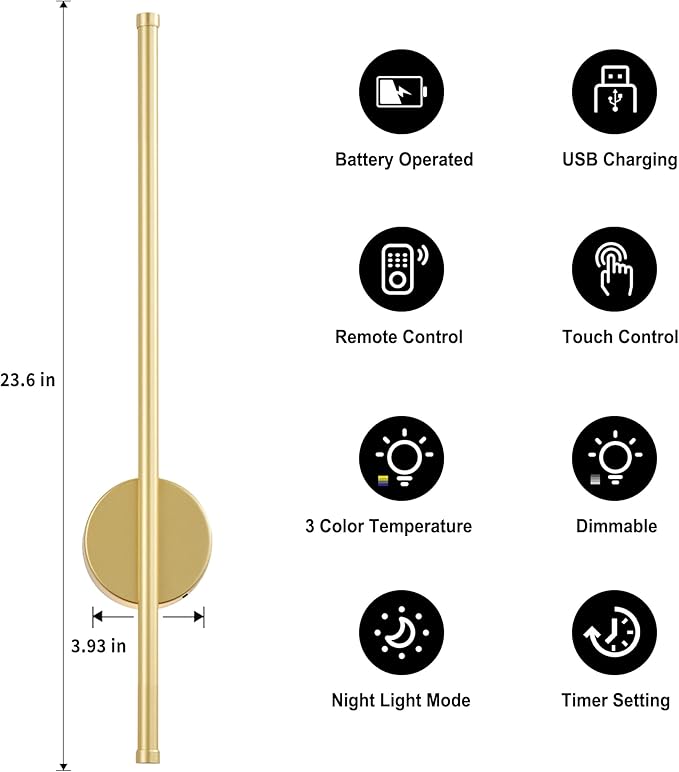 Battery Operated Modern Wall Sconces,Dimmable Wireless Wall Light Set of Two with Remote Control,3 Color Temperatures,Rechargeable LED Wall Sconce for Bedroom,Living Room,Hallway,23.6 Inch, Gold