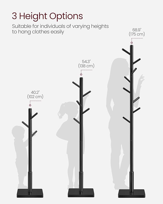 VASAGLE Solid Wood Coat Rack, Free Standing Hall Coat Tree with 8 Hooks, 3 Height Options, for Coats, Hats, Bags, Purses, for Entryway, Hallway, Rubberwood Hooks and Pole, Ink Black URCR010B01