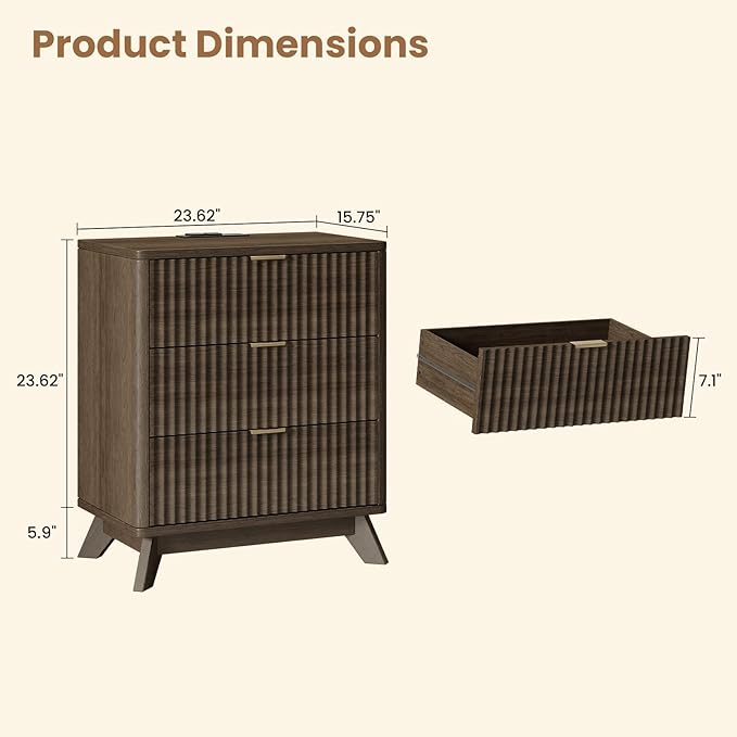30" Tall Fluted NightStand Set of 2,Modern Side Table with Storage, 3 Drawers End Table with Charging Station,Night Stand Wood Bedside Tables for Bedroom,Curved Profile Design,Walnut