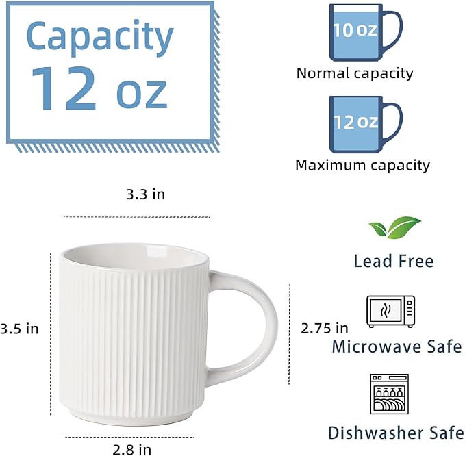 Coffee Mugs Set of 4, 12 OZ Ceramic Coffee Mugs with Handle, Vertical Stripes Coffee Cups Set for Latte/Tea/Cocoa/Milk, Microwave and Diahwasher Safe (White)