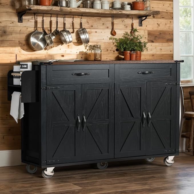 Farmhouse Roling Kitchen Island Cart with Drop Leaf Breakfast Bar with Power Outlet, Storage Island Table on Wheels with Drawers, Spice Rack(Black)