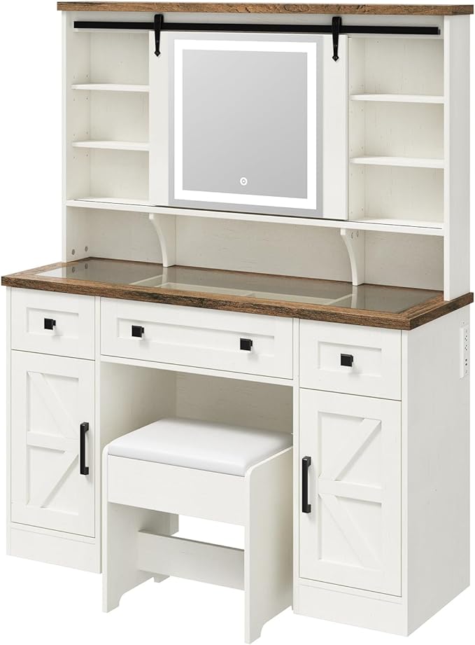 Farmhouse Makeup Vanity Desk with Sliding Mirror and Lights, 47'' Glass Tabletop Vanity Table with Charging Station, Large Vanity Set with Drawers, Stool, Barn Door Dressing Cabinets, White