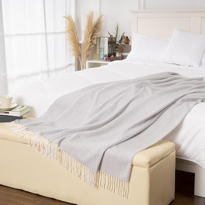 Gealaek Decorative Diamond Lattice Faux Cashmere Throw Blanket Light Grey Fringe Lightweight Fuzzy Soft Cozy Throws for Sofa Bed Farmhouse Throw Blanket 50" x 60"