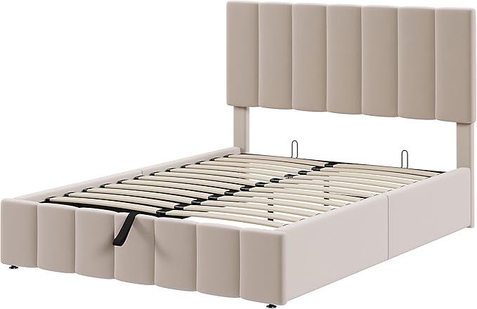 Full Size Bed Frame with Headboard, Elegant Linen Upholstered Platform Bed with a Hydraulic Storage System, Linen Fabric Backrest and Pine Wood Slats, No Box Spring Needed, Beige