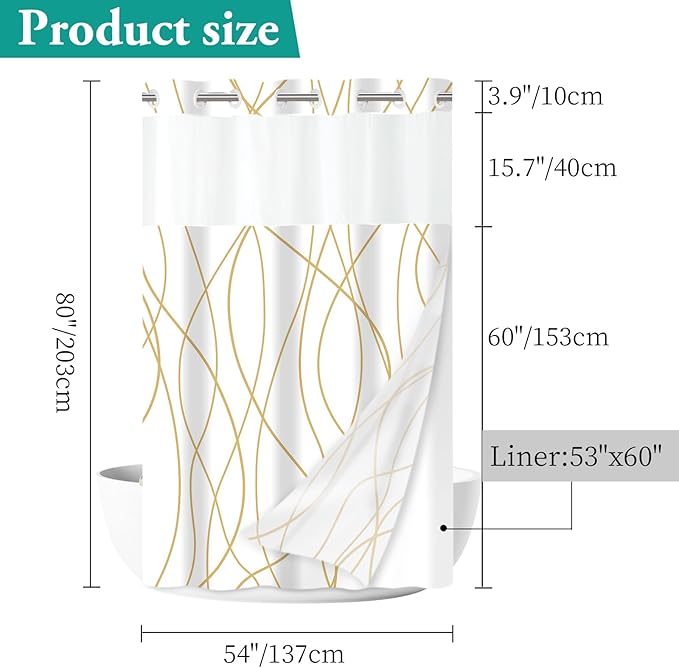 No Hook Gold White Striped Stall Shower Curtain with Snap in Liner Set - Hotel Shower Curtain and Liner Set with See Through Mesh Top Window,Machine Washable, 54x80 INCH