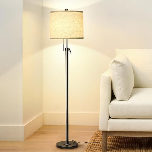 Adjustable Height Floor Lamp for Living Room, Black Standing Lamp for Bedroom Office, Modern Tall Lamp with Linen Shade, 3-Way Dimmable 8W 3000K LED Blub Included (Black)