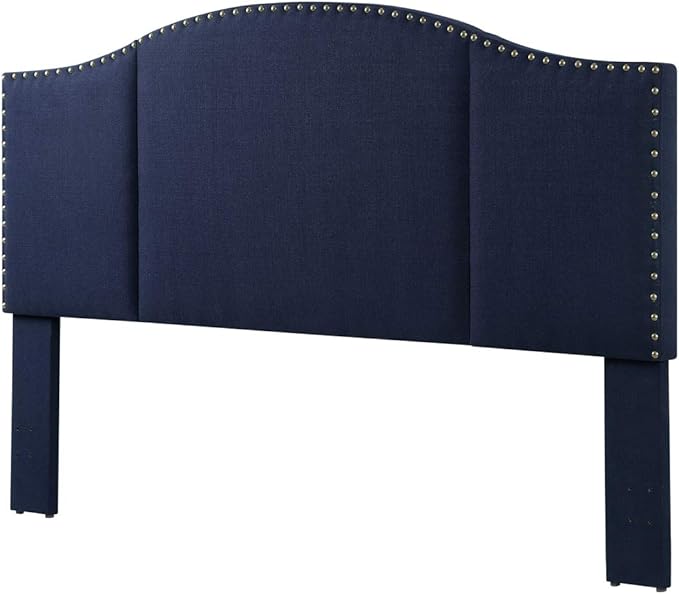 24KF Middle Century Linen Upholstered Tufted King Size Headboard with Antique Brass Nail Heads Trim King/California King headboard-Navy Blue