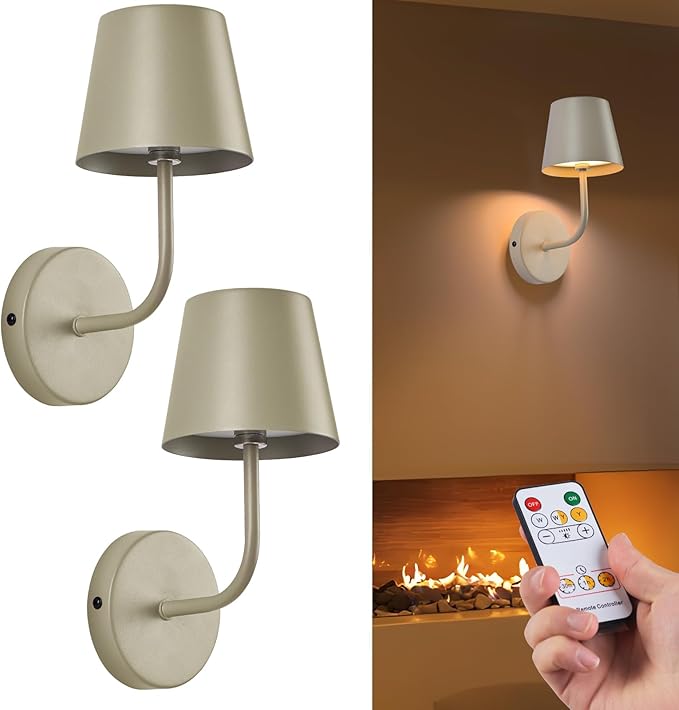 LED Wireless Wall Lamp Set of 2, with 5600mAh Rechargeable Battery Powered Wall Sconces, Touch For Remote Control Infinite Dimming Be used for Bedroom Mirror Living Room Wall Painting(Apricot)