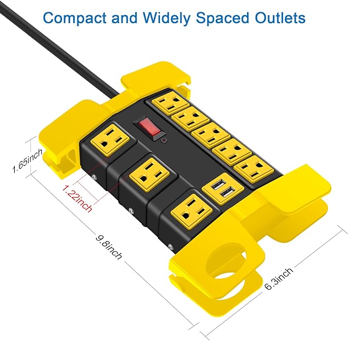 Heavy Duty Power Strip with USB, Workshop 8 Outlet Surge Protector 2700 Joules, Industrial Metal 15Amp Power Strip, 6 FT Extension Cord and Wide Spaced Black.