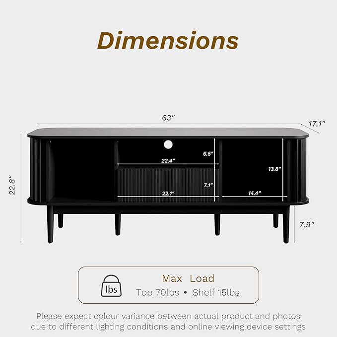 63" Black TV Stand, Fluted Entertainment Center for TVs up to 70'', Modern TV Stand with Storage, Entertainment Center with Sliding Doors, Wood Media Console for Bedroom, Living Room