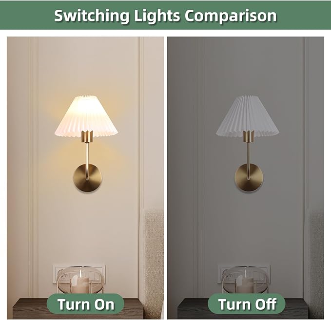 Wall Sconces Sets of 2, White Pleated Fabric lampshade, Brushed Gold Wall Lamp Curved Wall Lighting Bathroom Dresser Hardwired sconces wall decor Fixture Applicable to Living Room Bedroom Dining Room