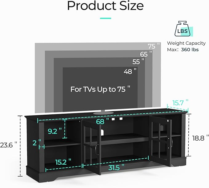 LINSY HOME TV Stand for 75 Inch TV, 68" Entertainment Center with LED Lights and Glass Door Storage Cabinet, Modern Farmhouse TV Media Console Table for Living Room, Black