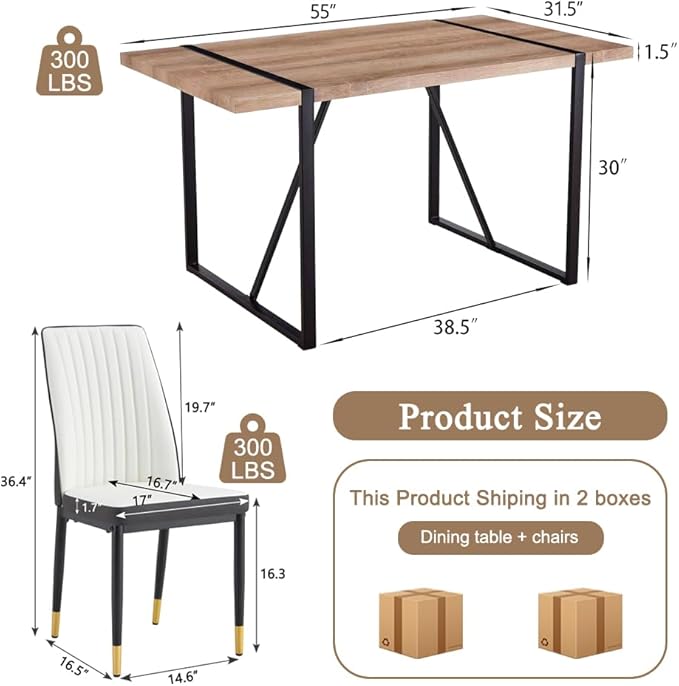 Dining Table Chairs Set for 4, Modern Rectangular Dining Room Table Set PU Leather Upholstered Dining Chairs 55" Dinner Table Set for Kitchen, Dining Room (Dining Table Set for 4, White Grey)