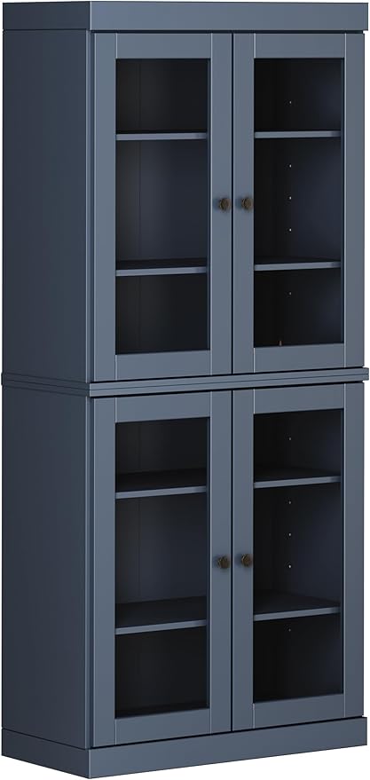 Palace Imports Solid Wood Bookcase - 6-Tier Bookshelf, 71.5” H x 32” W - Antique Blue, Clear Glass Cabinet Doors & Adjustable Shelves, Tall Bookcase, 100% Renewable Eco-Friendly Wood, Made in Brazil