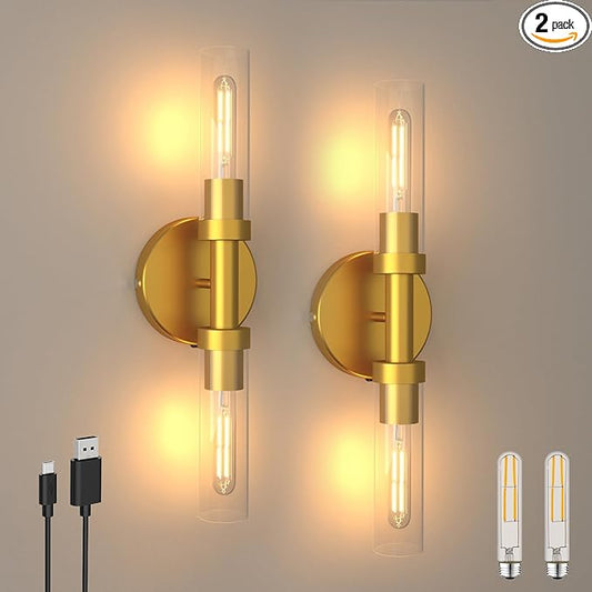 Battery Operated Wall Sconce Set of Two, Rechargeable Wall Lamp with Touch Control, Dimmable Wireless Bathroom Vanity Lights Over Mirror, Modern Wall Light for Living Room Hallway, Gold