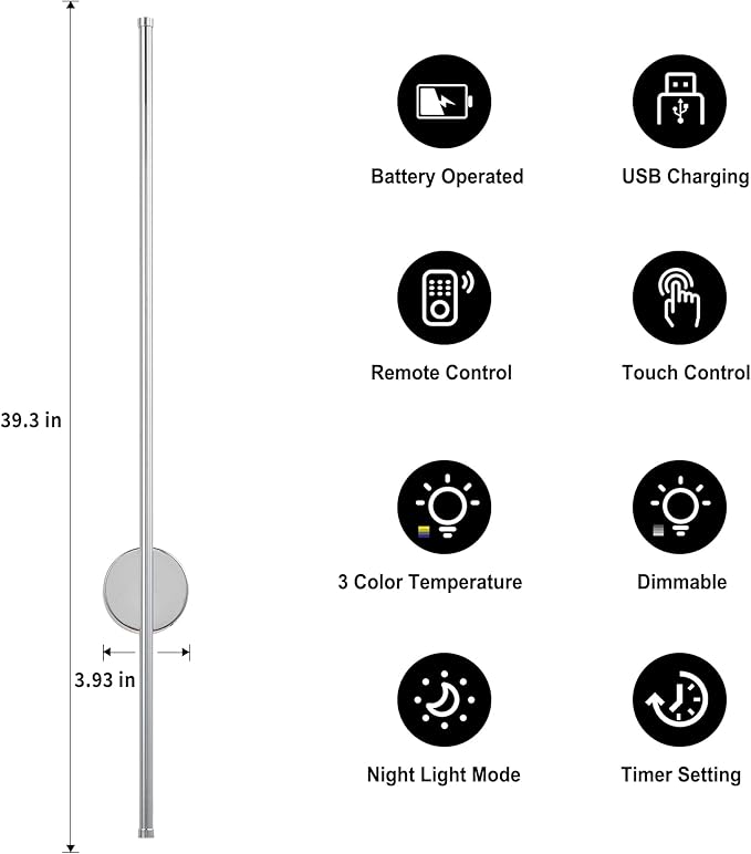 Battery Operated Modern Wall Sconces, Dimmable Wireless Wall Light Set of Two with Remote Control, 3 Color Temperatures, Rechargeable LED Wall Sconce for Bedroom, Living Room,Hallway, 39.3 Inch Chrome