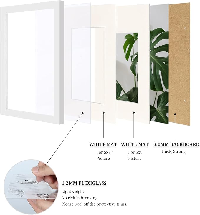 Egofine 8x12 Picture Frame White Covered by Plexiglass Made of Solid Wood, Display Pictures 5x7/6x8 with Mat or 8x12 Without Mat for Table Top and Wall Mounting