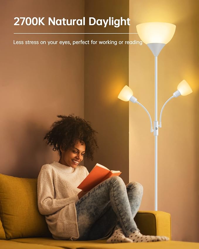 Floor Lamp Torchiere, Standing Lamp, 71" Tall Floor Lamps with Reading Light, 2700K LED Beads, 50,000hrs Lifespan, Rotary Switch, Plastic Lampshade, Bright Torch Lamps for Living Room Bedroom, White