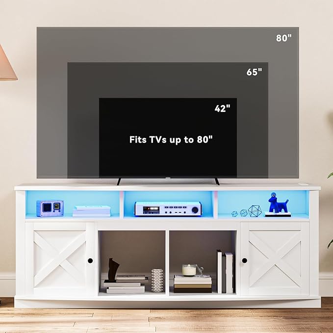 DWVO TV Stand for 75/80 Inch TV, Entertainment Center, LED Light Media Console, TV Cabinet with Barn Doors and Power Outlet for Living Room, White