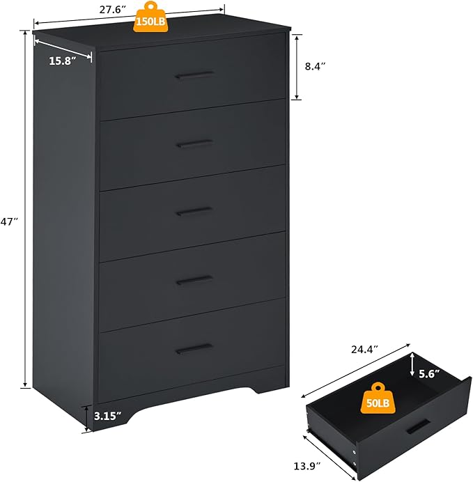 LIDYUK Black Dresser for Bedroom, 5 Drawer Dressers & Chests of Drawers, Modern Wood Dresser, 47 Inches Tall Chest of Drawers for Bedroom, Hallway, Living Room