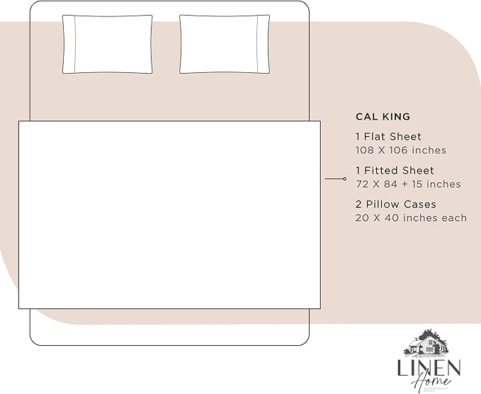 Linen Home 100% Cotton Percale Sheets California King Size, Sand Shell, Deep Pocket, 4 Pieces Set - 1 Flat, 1 Deep Pocket Fitted Sheet and 2 Pillowcases, Crisp Cool and Strong Bed Linen