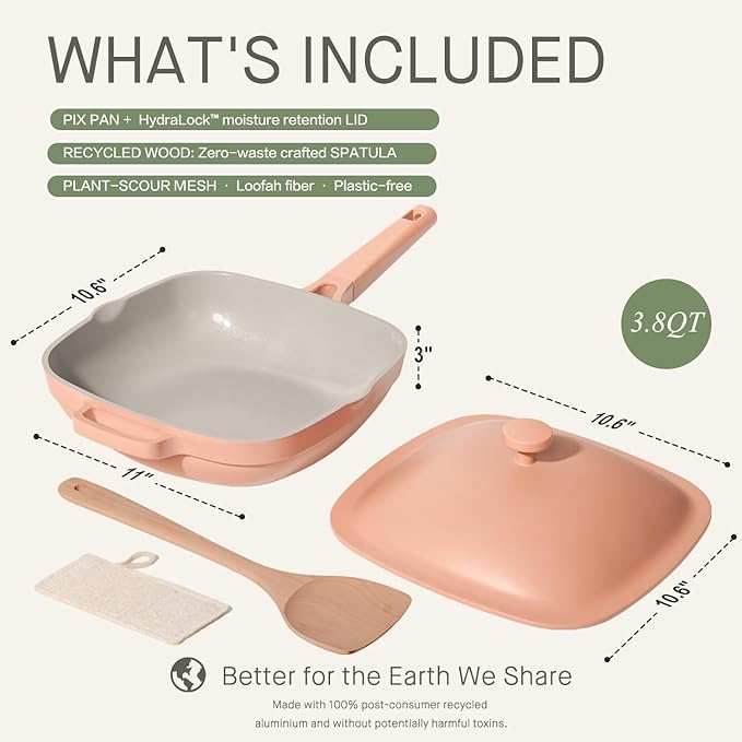 10.5 Inch(3.8QT) Ceramic Pan with Lid,Non Stick Frying Pans Cast Aluminum Deep Sauté Pans,Ti-Ceramic Non Toxic Pix Pan with Wooden Spatula and Scrubber-Desert Clay
