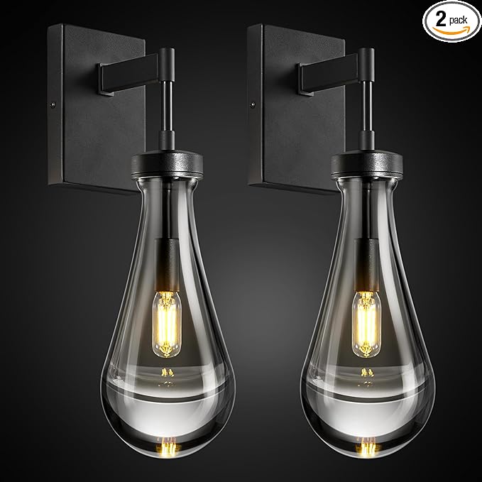 Raindrop Wall Sconces Set of Two Black Sconces Wall Decor Modern Brass Wall Lighting Glass Bathroom Sconces Indoor Vanity Light Wall Lamp for Bedroom Living Room Stair