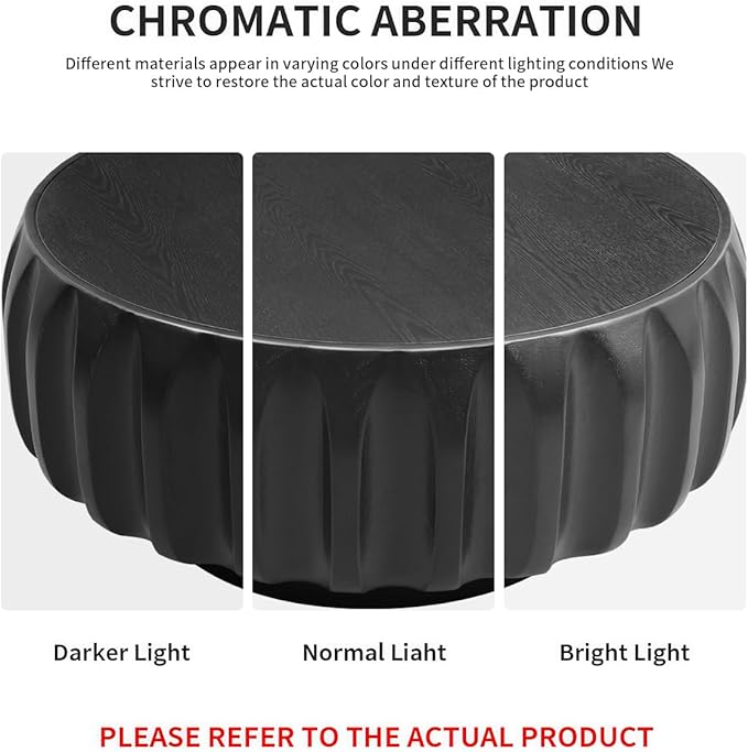 31.5" Drum Coffee Table Modern Unique Fluted Tea Table Contemporary Wood Round Coffee Table with Fluted Centry Table for Living Room Black