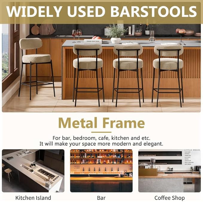 DYHOME Bar Stools Set of 3, 24 Inches Modern Counter Height Bar Stools with Curved Back Metal Legs, Beige Upholstered Boucle Barstools for Kitchen Island, Cafe