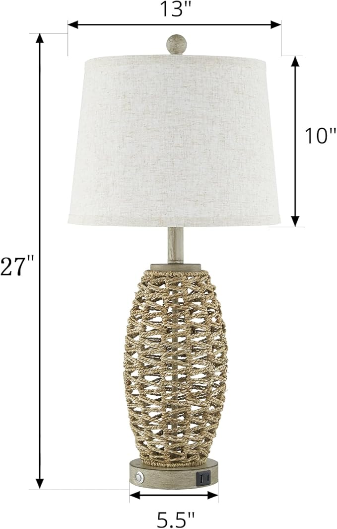 27” Natural Rattan Table Lamps Set of 2,Touch Switch,3-Way Dimmable Bedside Lamps, with A+C USB Charging Ports,Oatmeal Lampshade,Farmhouse Table Lamp for Bedroom, Living Room(2 Bulbs Included)