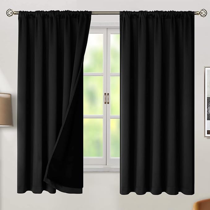 BGment Full Blackout Curtains with Thermal Insulation Liner Curtains 63 Inches Long, Rod Pocket and Back Tab Double Layer Room Darkening Window Curtain for Bedroom(52 x 63 Inch, 2 Panels, Black)