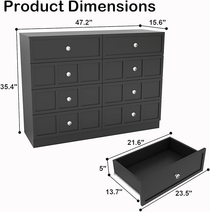 Wood Dresser for Bedroom 8 Drawer: 47" Black Chest of Drawers Wood, Modern Fluted Cabinet with Sturdy Storage, Wide Aesthetic Furniture for Room Organization