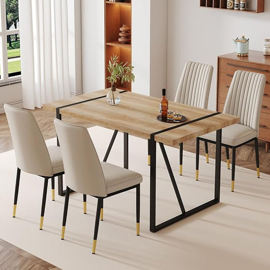 Dining Table Chairs Set for 4, Modern Rectangular Dining Room Table Set PU Leather Upholstered Dining Chairs 55" Dinner Table Set for Kitchen, Dining Room (Dining Table Set for 4, Grey)