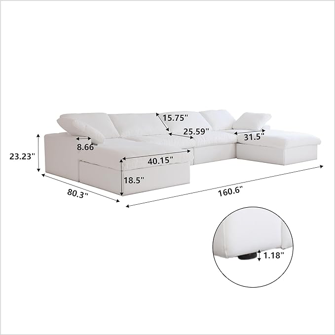 JACH U-Shaped Cloud Couches for Living Room, 6-Seats Modular Convertible Sectional Sofas, Cushion Covers Removable, Comfy Sectional Couch with Chaise Ottomans for Living Room Apartment (White)