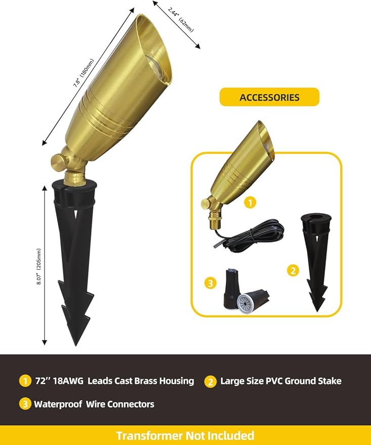 COLOER Die-cast Brass Landscape Spotlight 6-Pack Without Bulb,12V AC/DC Low Voltage Copper Outdoor Lighting with Ground Stake, Directional Garden Patio Spot Up Light (102B Copper Finish)