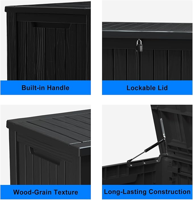 150 Gallon Resin Outdoor Deck Box Waterproof Patio Furniture, Garden Tools, Cushions, Pool Accessories Outside Storage (Black, 150 Gallon)