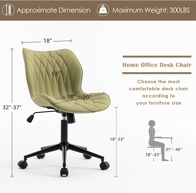 YOUNUOKE Armless Desk Chair Comfy Office Chair with Wheels Home Ergonomic Task Chair Adjustable Computer Chairs Modern Faux Leather Swivel Chair Upholstered Makeup Vanity Chair with Back(Avocado)