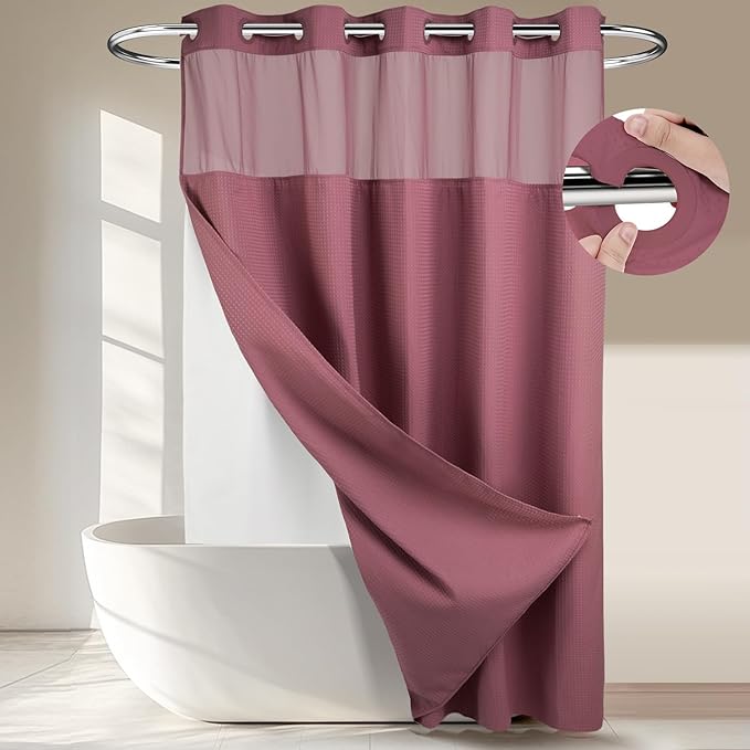 River Dream Heavyweight No Hooks Required Dotted Waffle Weave Shower Curtain with Snap in Liner - 71W x 74H,Hotel Grade,Spa Like Bath Curtain,Pale Mauve
