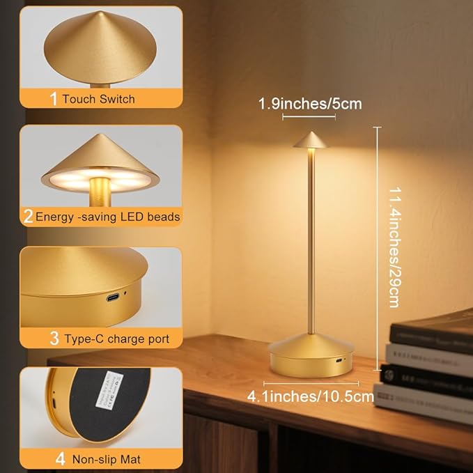 EJQ Cordless Table Lamp,Portable LED Desk Lamp, 6000mAh Battery Operated, 3 Color Stepless Dimming Up Touch Lamp for Restaurant/Bedroom/Bars/Outdoor Party/Camping/Coffee Shop Night Light(Gold)