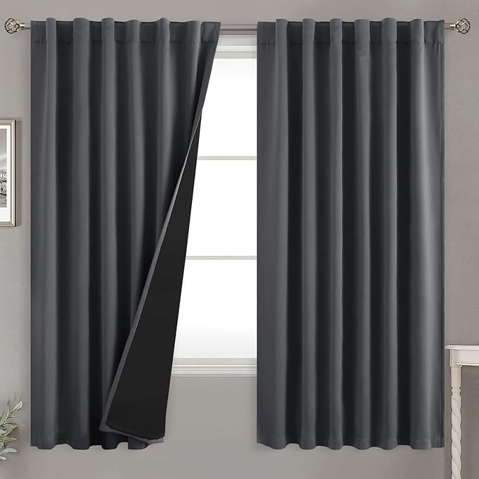 BGment 100% Room Darkening Thermal Insulated Blackout Curtains 63 Inches Long for Bedroom, Rod Pocket and Back Tab Double Layer Noise Cancelling Curtain with Liner (52 x 63 Inch, 2 Panels, Dark Grey)