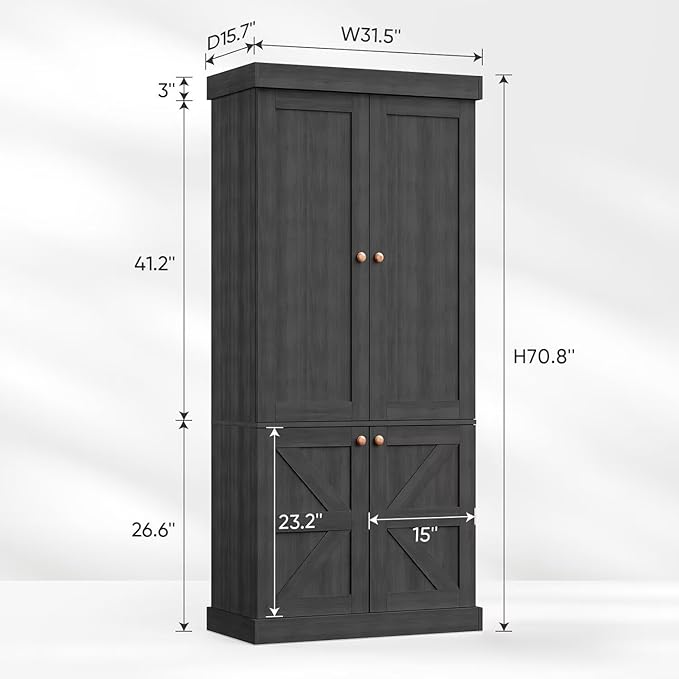 Vyre 70.8" Tall Bookshelf with Doors, Farmhouse Modular Bookcase with 4-Tier Adjustable Shelves, Large Storage Cabinet for Home Office, Living Room, Black