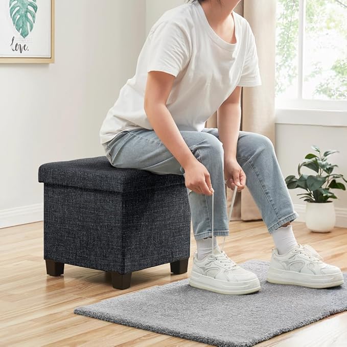 Ornavo Home 15 Inch Folding Storage Ottoman with Storage, Square Cube Linen Small Storage Ottoman Foot Rest Stool with Legs - Black