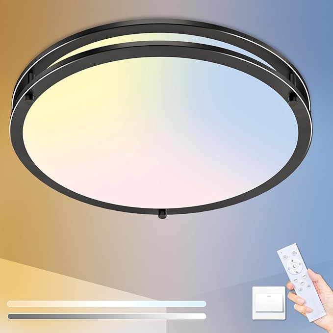libtit 16Inch Flush Mount Ceiling Lights with Remote, 36W Dimmable LED Ceiling Light 3000K-6500K Adjustable, Large & Bright Black Light Fixture for Kitchen Bedroom LivingRoom -1Pack