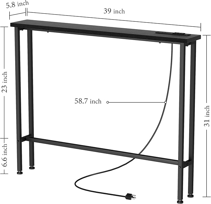 39" Sofa Table Narrow Long with Power Outlets & 2 USB Ports, Metal Frame Behind Couch Table Behind Sofa Perfect for Hallway, Living Room, Entrance - Easy Assembly, 4.9' Extension Cord Included