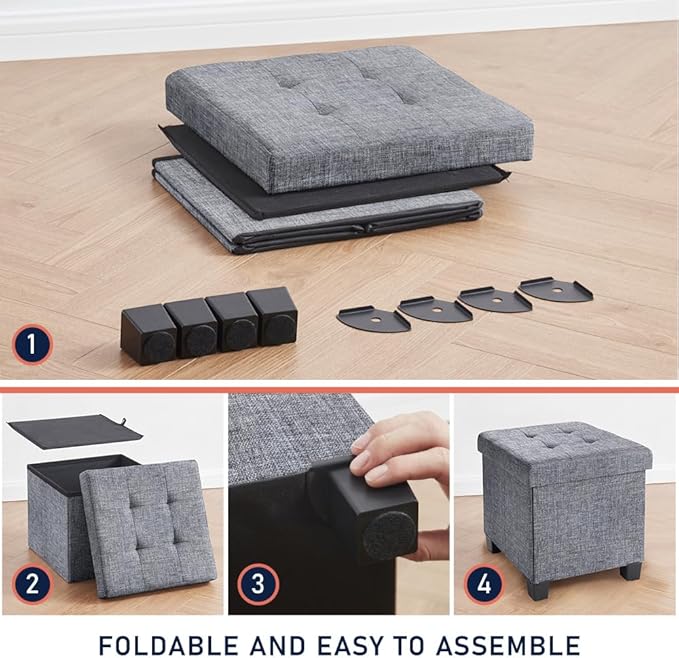 Ornavo Home 15 Inch Folding Storage Ottoman with Storage, Square Cube Linen Small Storage Ottoman Foot Rest Stool with Legs - Gray