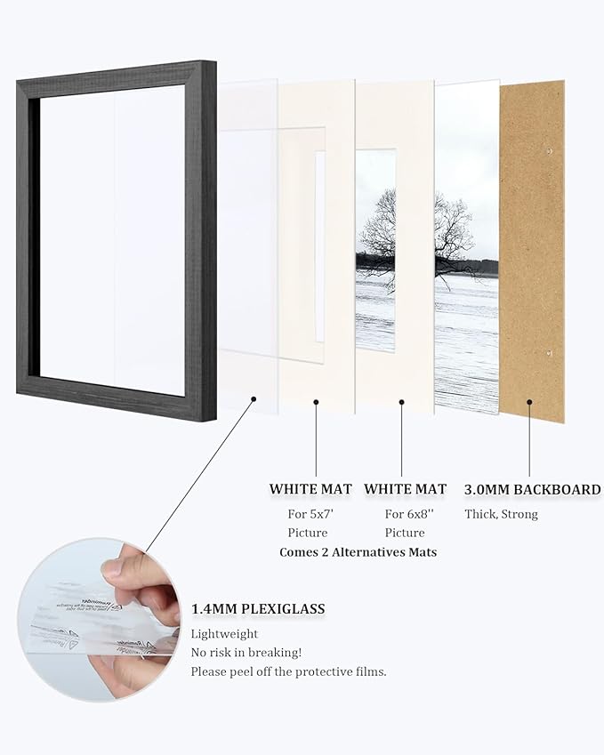 Egofine 9x12 Picture Frame Made of Solid Wood with Plexiglass, Display Pictures 5x7/6x8 with Mat or 9x12 Without Mat for Tabletop and Wall Mounting, Rustic Black